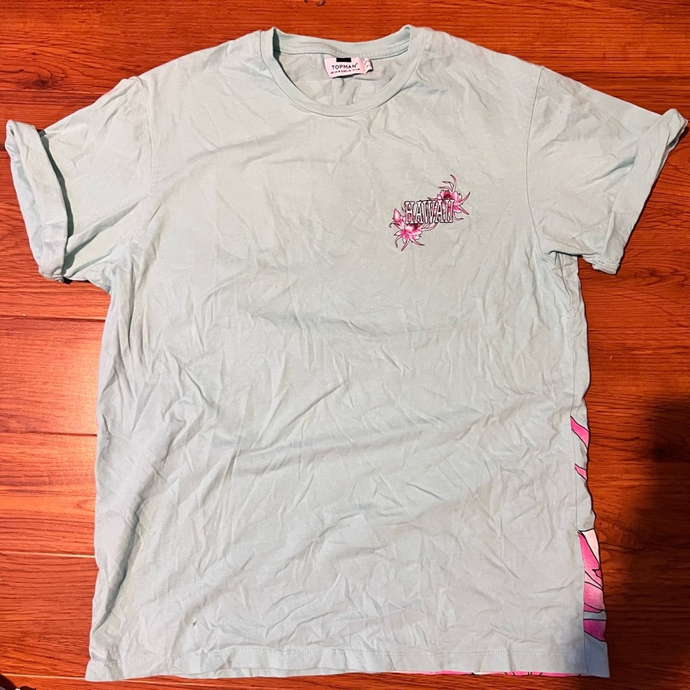 Light Blue Topman Men's T-Shirt with Floral Print and Hawaii Embroidered Detail